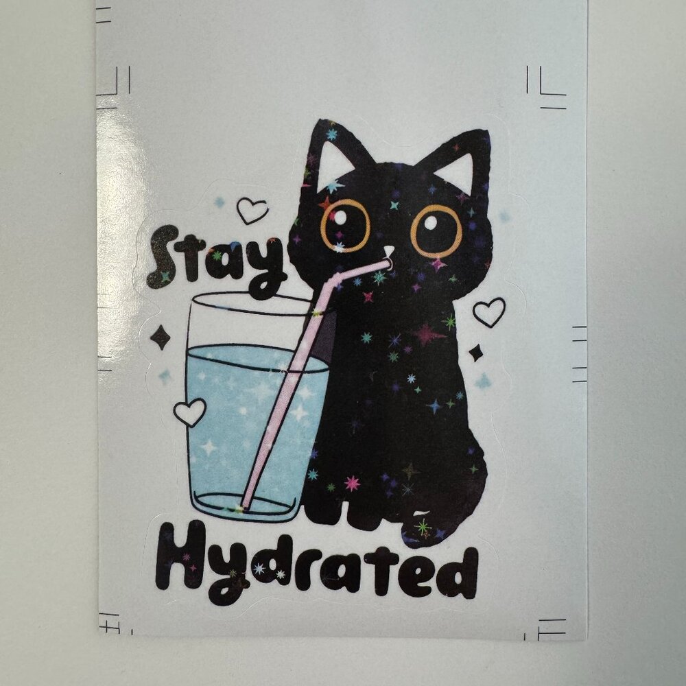 Stay Hydrated Cat Sticker - Starry Black Kitten Drinking Vinyl Decal